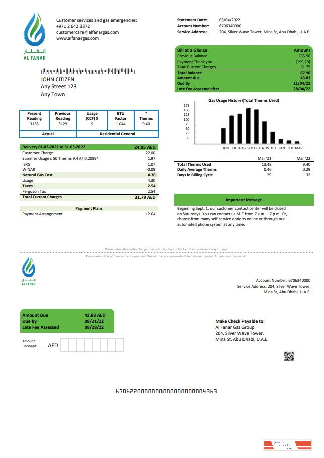 UAE Al Fanar Gas Group utility bill template in Word and PDF format